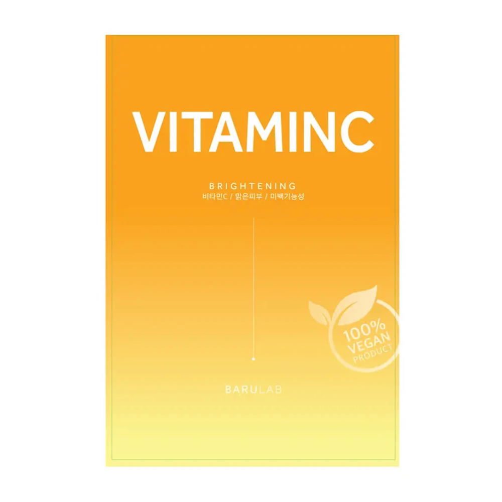 En pakke med BARULAB "VITAMINC Brightening" maske, merket som "100% Vegan Product". Pakningen har en fargegradient fra oransje øverst til lys gul nederst.