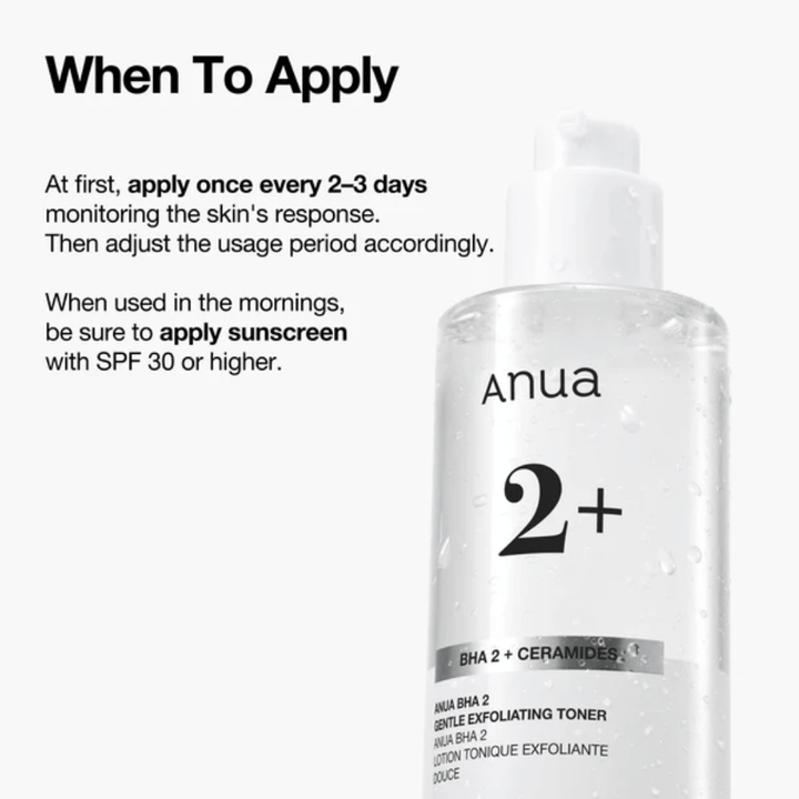 Anua BHA 2% Gentle Exfoliating Toner med ceramider – instruksjon for bruk, eksfolierende toner for sensitiv hud med BHA (salisylsyre)