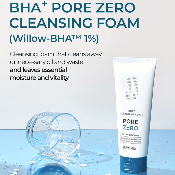Kampanjebilde som fremhever Willow-BHA™ (1%) og produktets evne til å rense bort overflødig talg og urenheter samtidig som huden beholder fukt og glød. Den blå fargepaletten gir et rent og oppfriskende inntrykk.