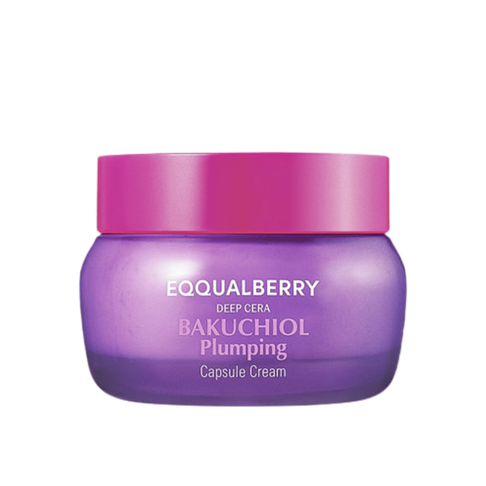 Produktbilde av EQQUALBERRY Bakuchiol Plumping Capsule Cream i lilla beholder med rosa lokk – intensiv fuktighet og anti-aldringseffekt.