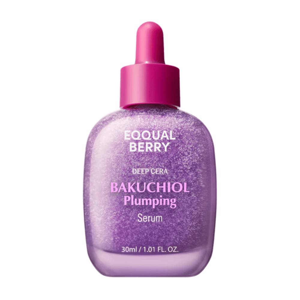 Equal Berry Bakuchiol Plumping Serum i en lilla skimrende flaske med rosa pipette. Fuktighetsgivende og oppstrammende serum for en strålende hud.
