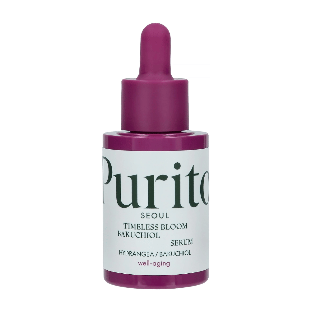 Purito Timeless Bloom Bakuchiol Serum er et perfekt vel-aldrende produkt som kombinerer hortensia og bakuchiol for å forbedre hudens elastisitet og redusere synlige linjer. Mild og effektiv for alle hudtyper, uten å forårsake irritasjon.