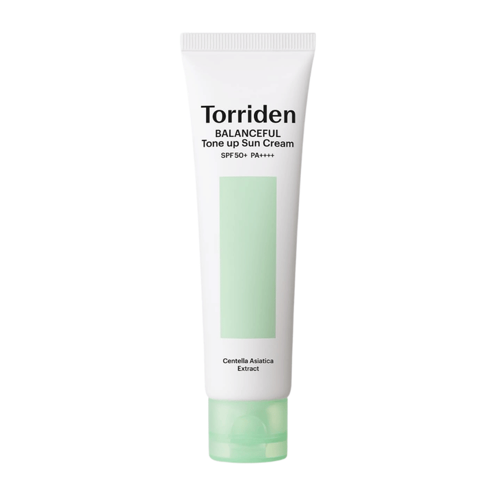 Torriden Balanceful Tone Up Sun Cream SPF50+ PA++++ produktbilde på hvit bakgrunn med Centella Asiatica for beroligende pleie og daglig UV-beskyttelse.