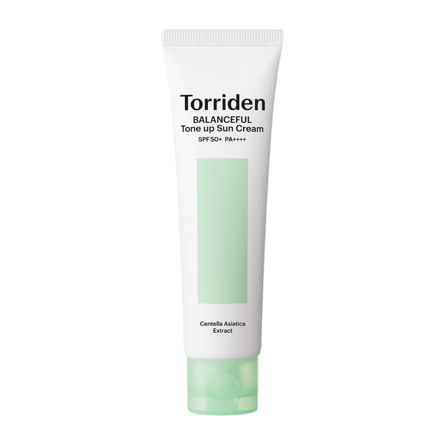 Torriden Balanceful Tone Up Sun Cream SPF50+ PA++++ produktbilde på hvit bakgrunn med Centella Asiatica for beroligende pleie og daglig UV-beskyttelse.