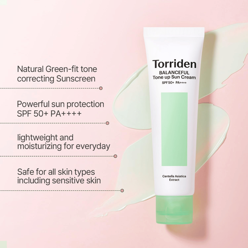 Torriden Balanceful Tone Up Sun Cream SPF50+ PA++++ med grønn fargekorrigerende tone-up-effekt som bidrar til å jevne ut rødhet og gi naturlig glød.