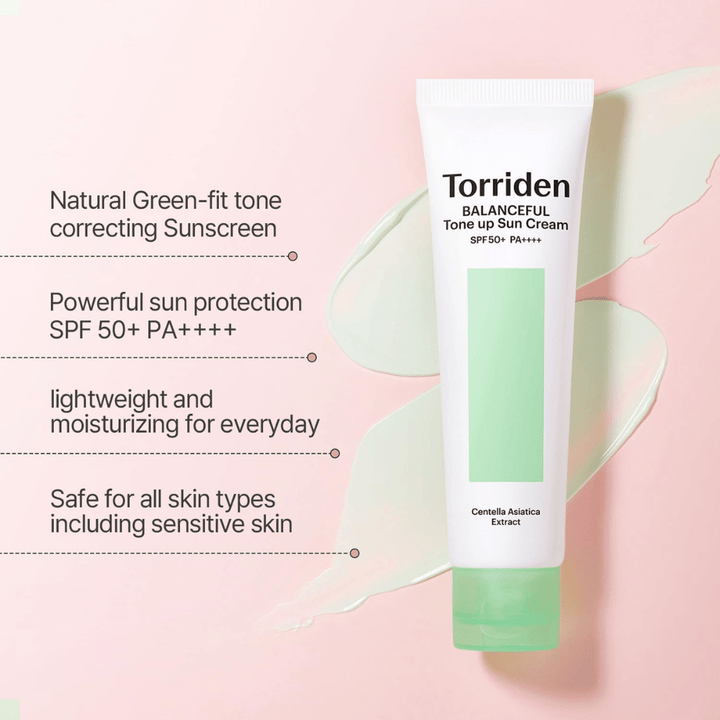 Torriden Balanceful Tone Up Sun Cream SPF50+ PA++++ med grønn fargekorrigerende tone-up-effekt som bidrar til å jevne ut rødhet og gi naturlig glød.