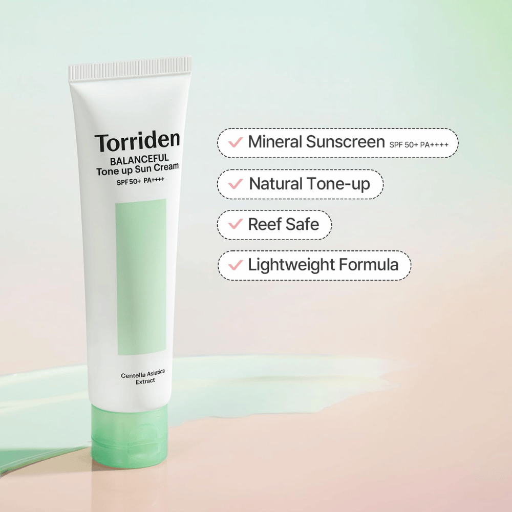Torriden Balanceful Tone Up Sun Cream SPF50+ PA++++ presentert med fokus på mineralbasert solbeskyttelse, naturlig tone-up-effekt, reef safe-formel og lett tekstur.
