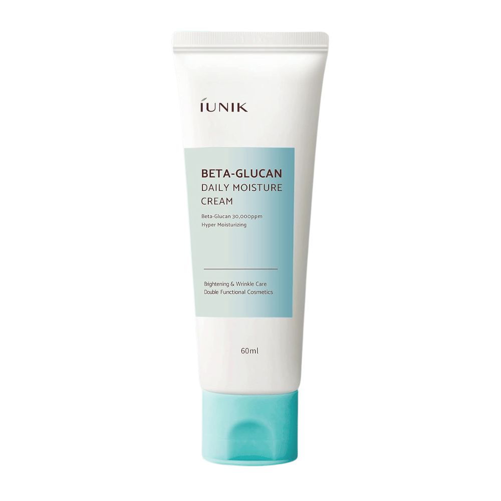 Frilagt produktbilde av iUNIK Beta-Glucan Daily Moisture Cream 60 ml. Tubens design og produktnavn vises tydelig mot nøytral bakgrunn, noe som gir en ren og profesjonell produktpresentasjon.