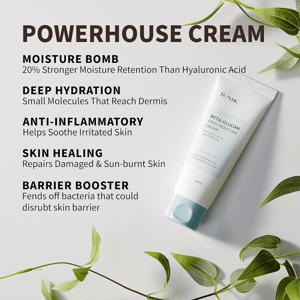 Produktbilde med fokus på de viktigste fordelene ved iUNIK Beta-Glucan Daily Moisture Cream. Bildet fremhever intensiv fuktighet, dyptvirkende fukt, beroligende egenskaper, støtte for hudbarrieren og pleie av tørr eller irritert hud.