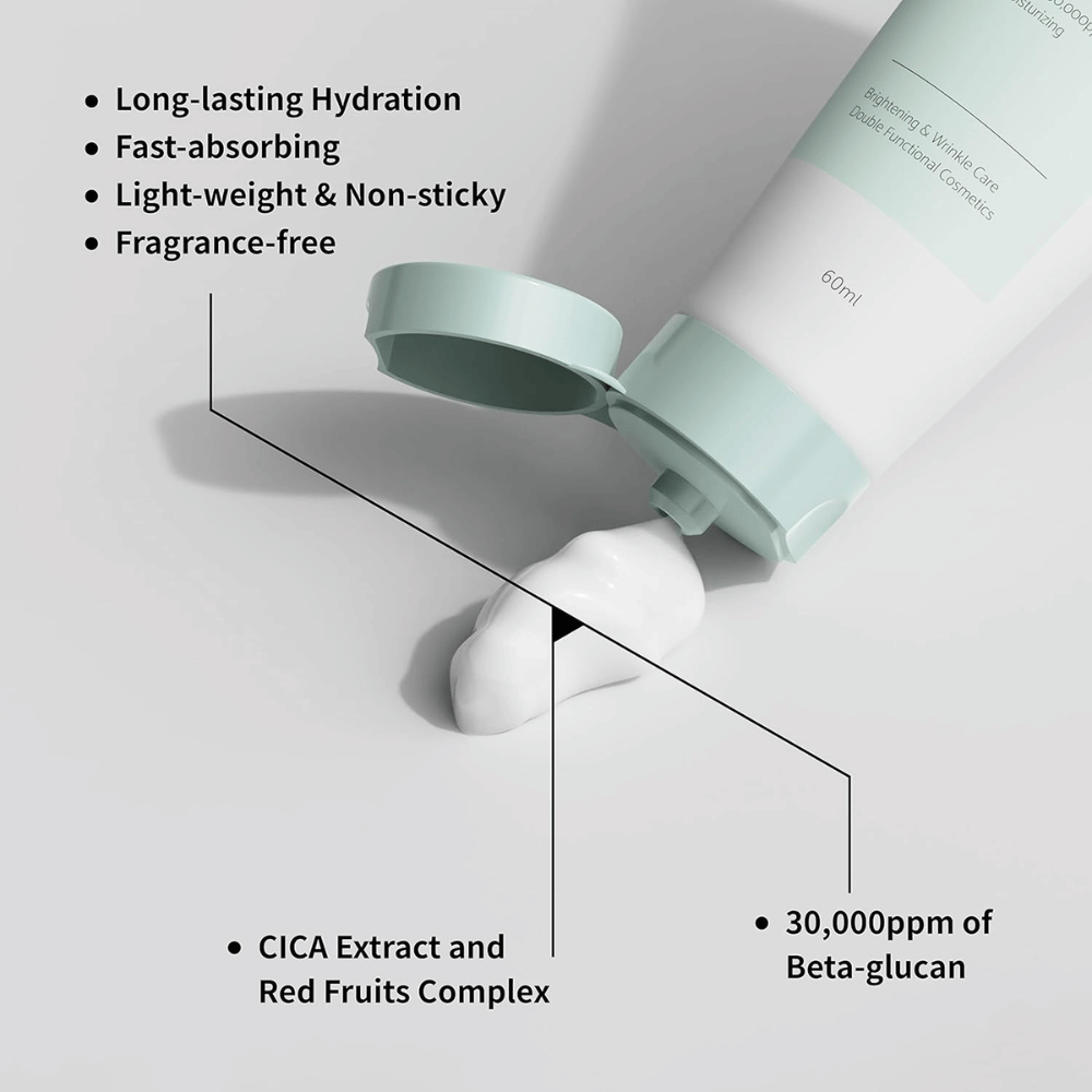 Nærbilde av iUNIK Beta-Glucan Daily Moisture Cream der kremen presses ut av tuben. Bildet fremhever produktets lette konsistens og viktige egenskaper som langvarig fuktighet, rask absorpsjon, en ikke-klebrig følelse, parfymefri formel, beta-glukan samt beroligende ingredienser som CICA-ekstrakt.