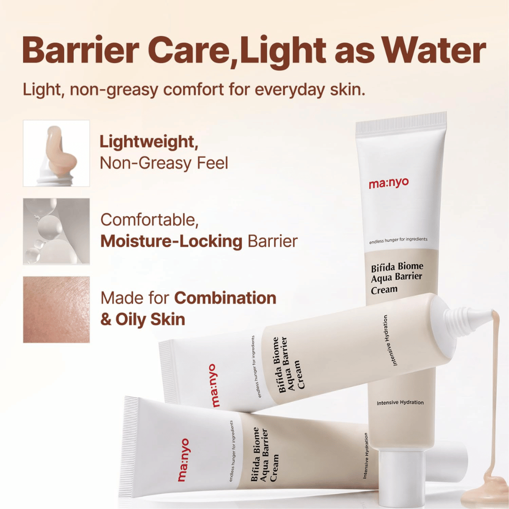 3. Ma:nyo Bifida Biome Aqua Barrier Cream – fuktighetsgivende barrierkrem med lett konsistens for fet og kombinert hud
