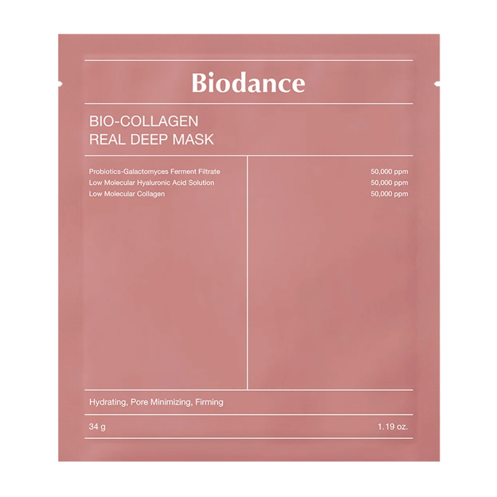Bildet viser Bio-Collagen Real Deep Mask fra Biodance, pakket i myk rosa. Teksten beskriver ingredienser som probiotika, galactomyces fermentfiltrat, hyaluronsyre og kollagen, med effekter som fuktighet, poreminskning og fasthet.