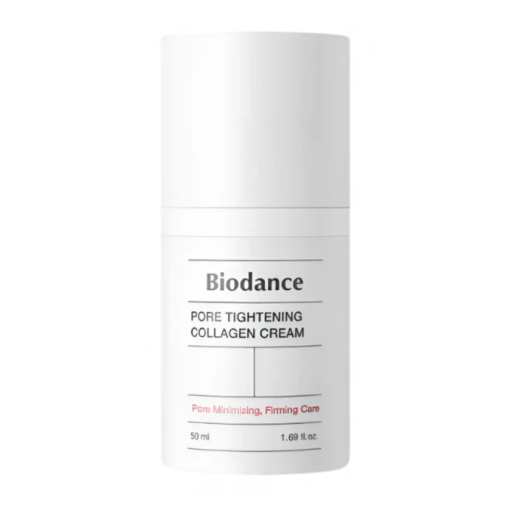 Biodance Pore Tightening Collagen Cream i enkel hvit forpakning med minimalistisk design, 50 ml.