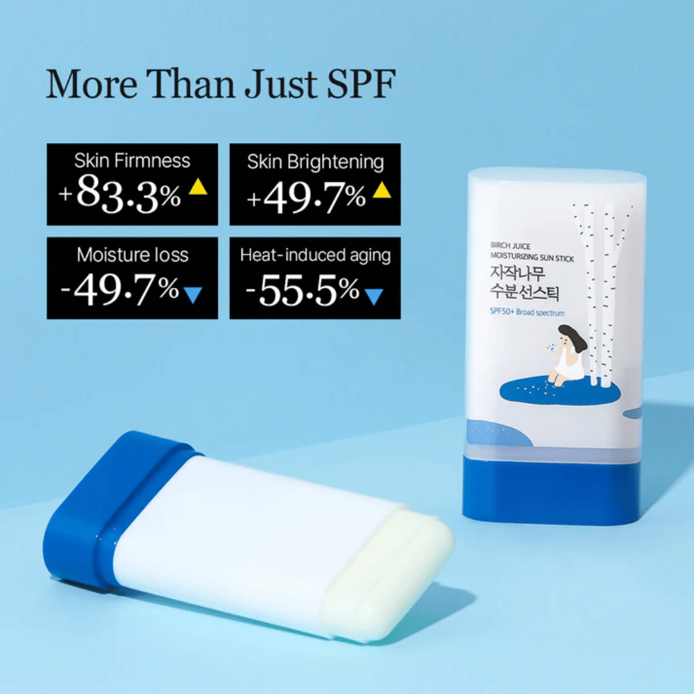 ROUND LAB Birch Juice Sun Stick med SPF50+ vises med resultater om forbedret hudelastisitet og redusert fuktighetstap