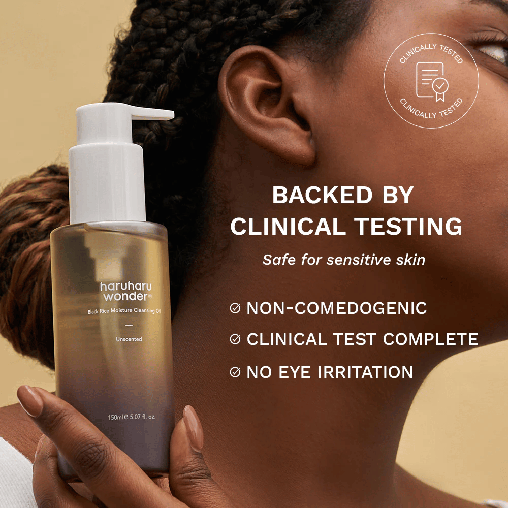 Haruharu Wonder Black Rice Moisture Cleansing Oil 150 ml – klinisk testet oljerens for sensitiv hud, ikke-komedogen og uten øyeirritasjon.