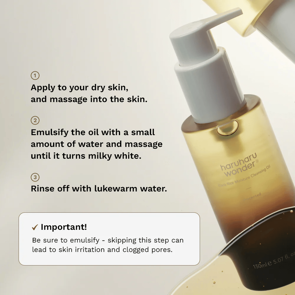 Haruharu Wonder Black Rice Moisture Cleansing Oil påføringsguide – oljerens som masseres på tørr hud, emulgeres med vann og skylles av for effektiv sminkefjerning.