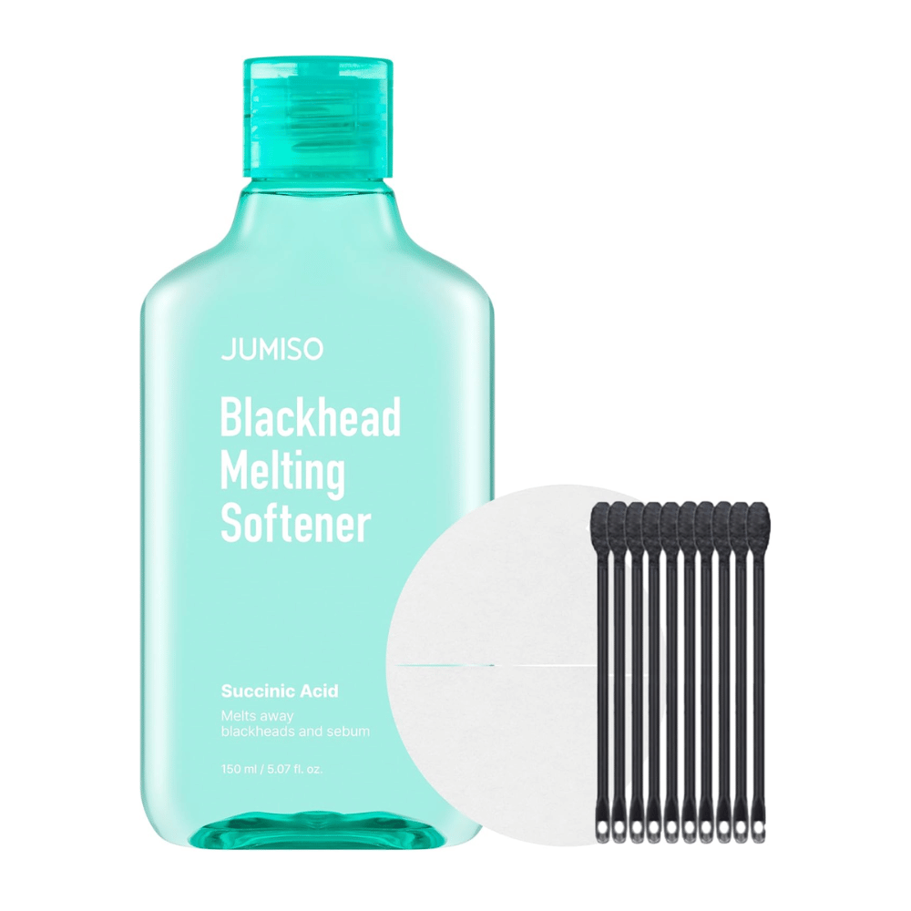 Produktbilde av JUMISO Blackhead Melting Softener Special Set. Inneholder flaske, pads og tops for effektiv behandling av hudormer.