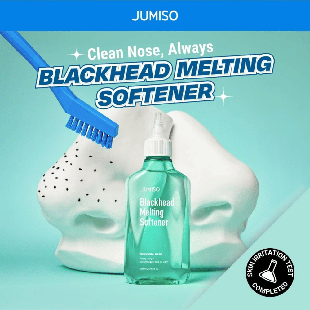 JUMISO Blackhead Melting Softener med børste mot hvit modell av nese. Tekst: ”Clean Nose, Always”. Klinisk testet for hudirritasjon.
