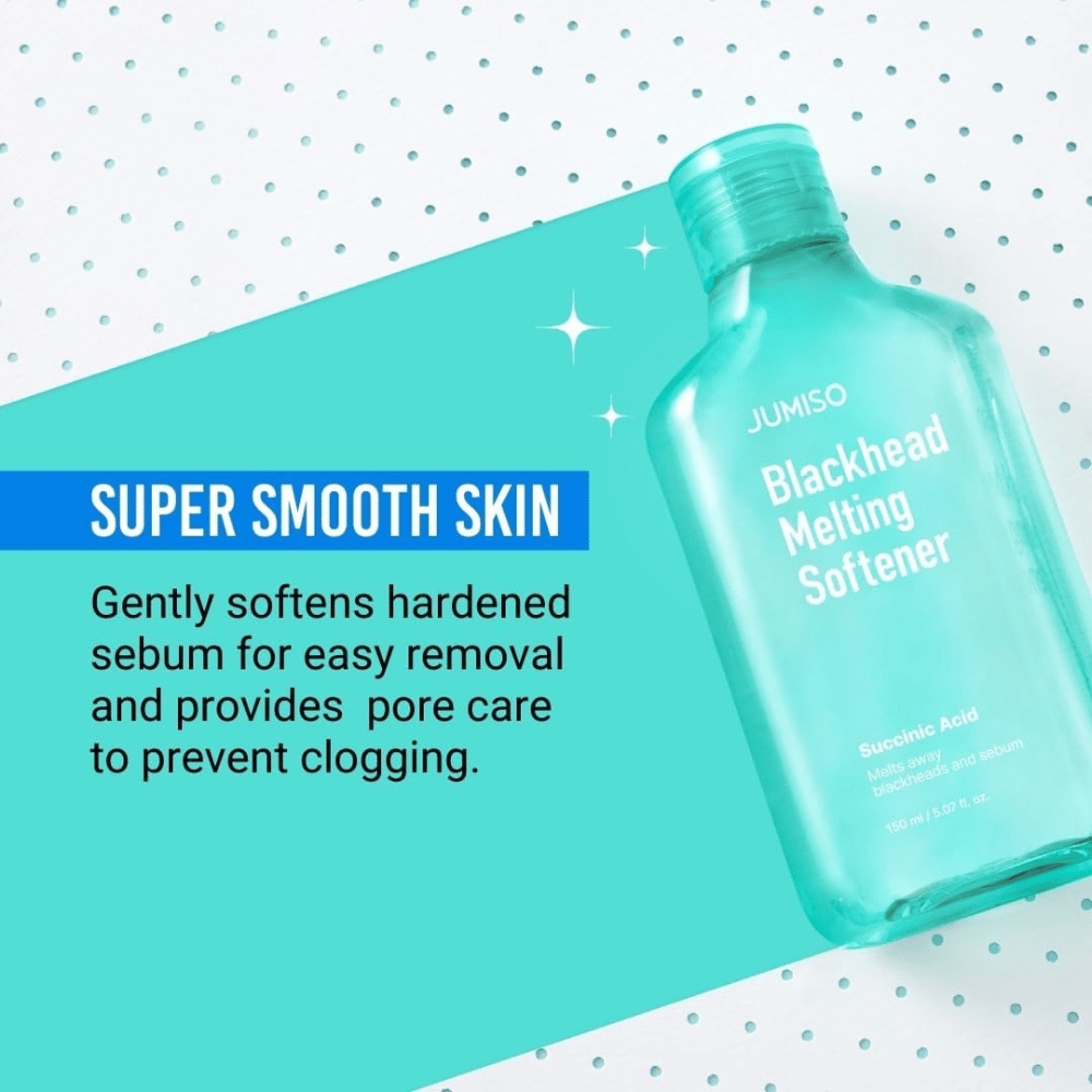 JUMISO Blackhead Melting Softener vises på turkis bakgrunn. Tekst understreker at produktet mykner opp sebum og forebygger tilstoppede porer.