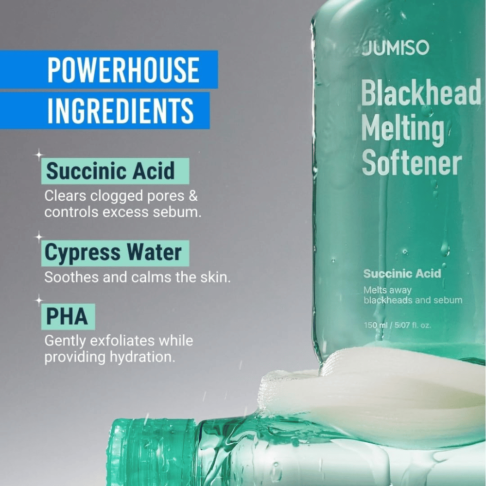 Nærbilde av JUMISO Blackhead Melting Softener-flaske. Tekst viser nøkkelingredienser: succinic acid, cypress water og PHA for porerensing.