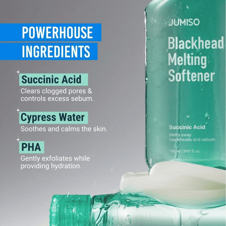 Närbild av JUMISO Blackhead Melting Softener-flaska. Text visar nyckelingredienser: succinic acid, cypress water och PHA för porrengöring.