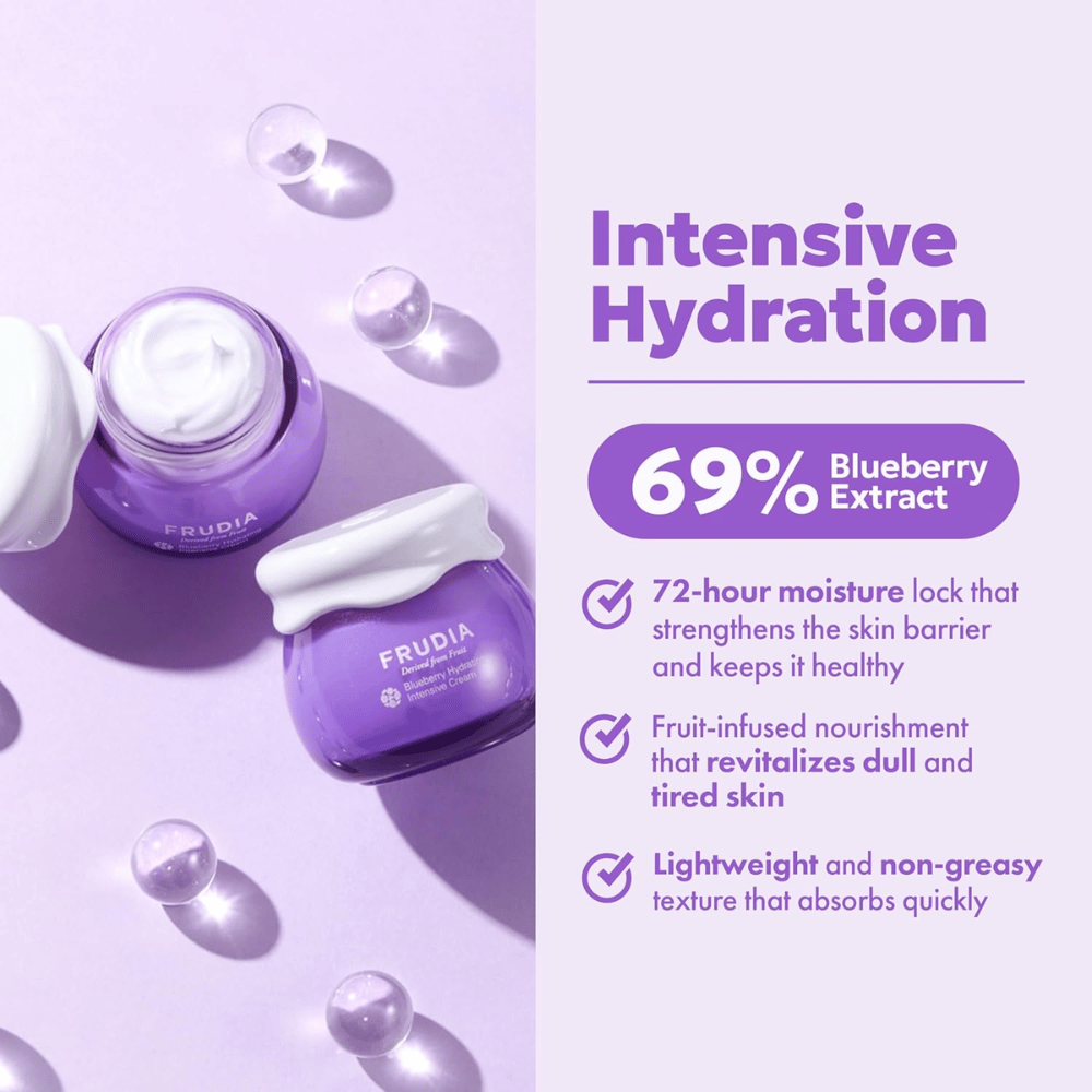 FRUDIA Blueberry Hydrating Intensive Cream med intensiv fuktighet, 69 % blåbærekstrakt og kremet konsistens for tørr og fuktfattig hud