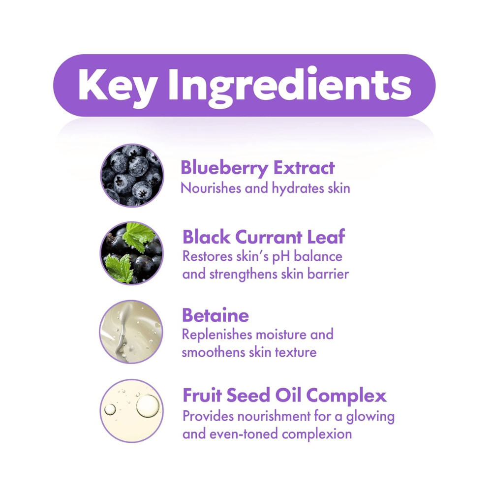 Nøkkelingredienser i FRUDIA Blueberry Hydrating Intensive Cream med blåbærekstrakt, solbærblad, betain og frøoljekompleks