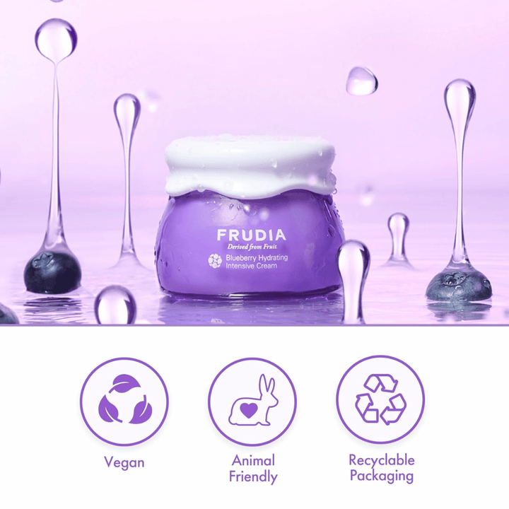 FRUDIA Blueberry Hydrating Intensive Cream i vannmiljø med vegansk formel, cruelty-free egenskaper og resirkulerbar emballasje