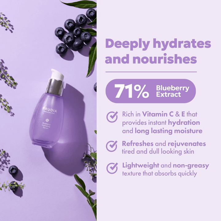 FRUDIA Blueberry Hydrating Serum med 71 % blåbærekstrakt som gir intensiv fuktighet, langvarig fukt, lett konsistens og frisk glød til tørr hud.