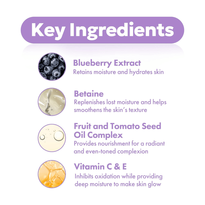 Nøkkelingredienser i FRUDIA Blueberry Hydrating Serum med blåbærekstrakt, betaine, frøoljekompleks samt vitamin C og E for fuktet og strålende hud.