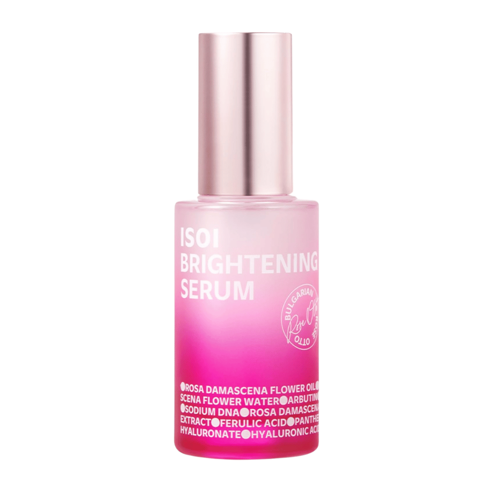 ISOI Brightening Serum 35 ml, glødgivende ansiktsserum med Rose PDRN og arbutin i en rosa glassflaske med metallisk rosa kork mot hvit bakgrunn.