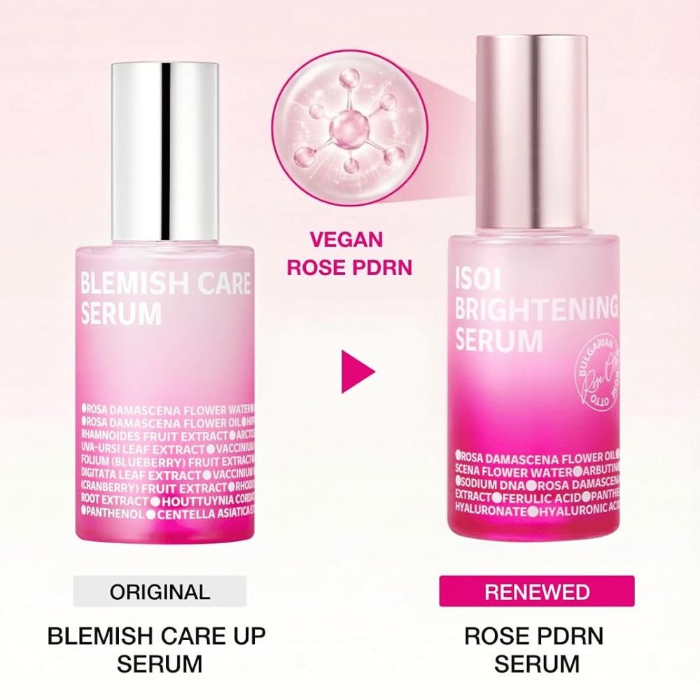 ISOI Brightening Serum med vegansk Rose PDRN. Sammenligning mellom originalen Blemish Care Up Serum og den oppdaterte rosa serumflasken.