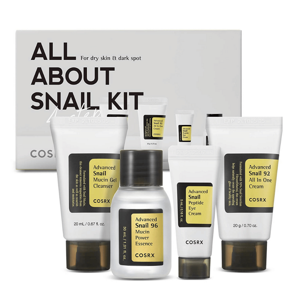 COSRX All About Snail Kit – koreansk hudpleiepakke med Snail Mucin Cleanser, Essence, Eye Cream og All In One Cream for fuktighet og reparasjon.