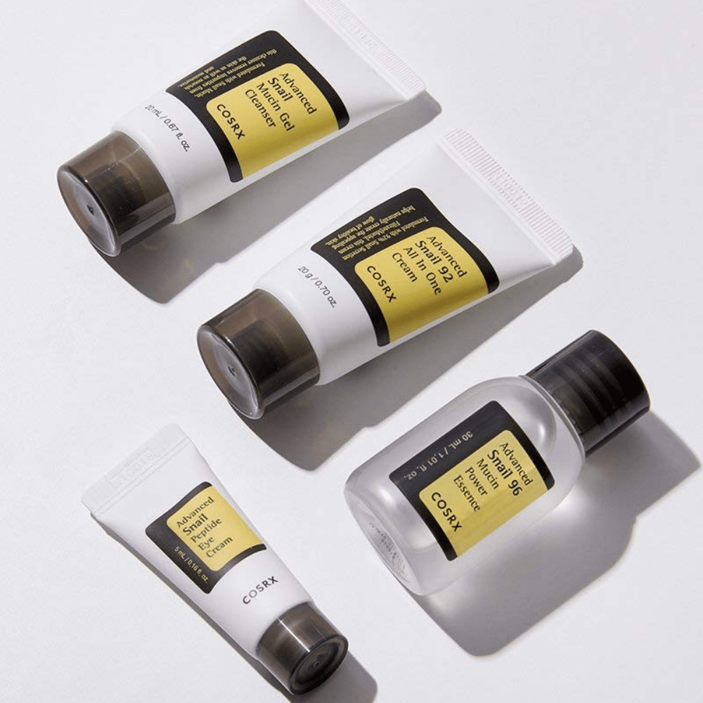 COSRX All About Snail Kit – reisepakker med Snail Gel Cleanser, Snail 92 All In One Cream, Snail 96 Mucin Essence og Snail Peptide Eye Cream