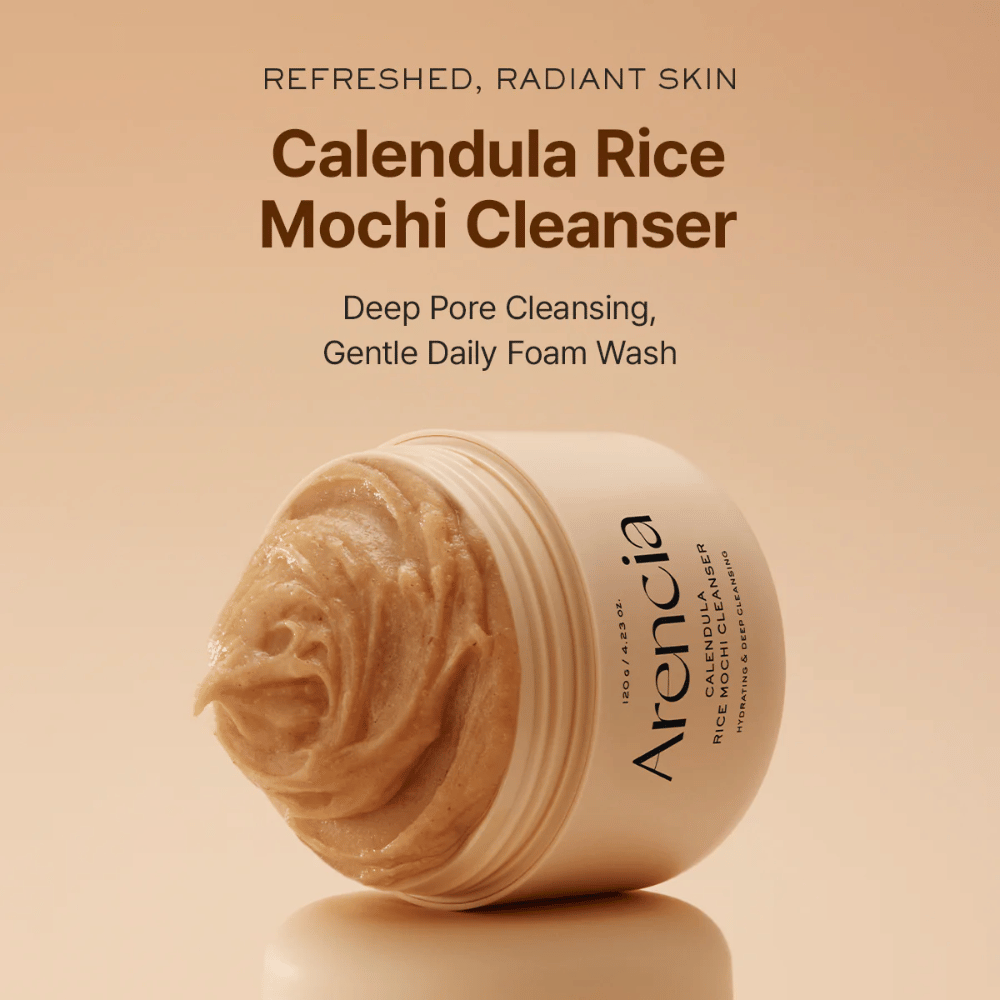 Arencia Calendula Rice Mochi Cleanser 120 g – fuktighetsgivende koreansk rens med ris og ringblomst som etterlater huden myk, klar og balansert.