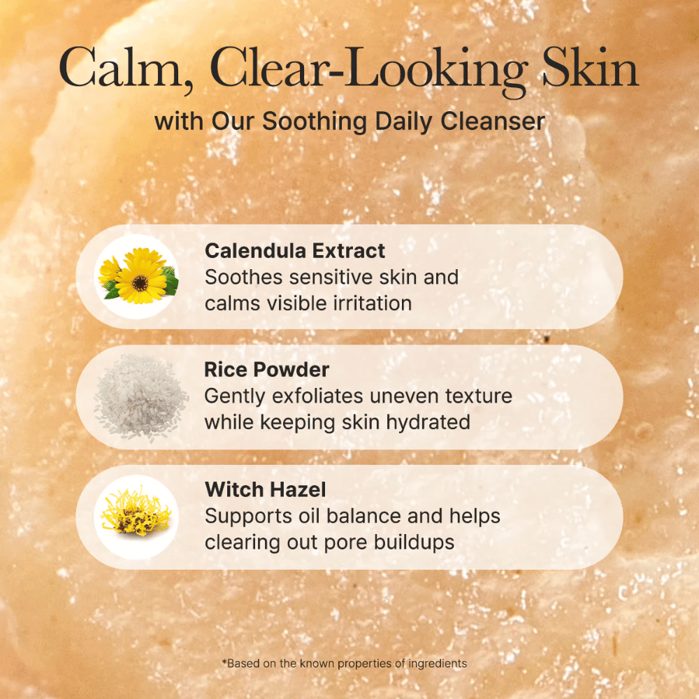Arencia Calendula Rice Mochi Cleanser med ingredienser som ringblomst, rispulver og trollhassel – beroliger, eksfolierer og balanserer huden.