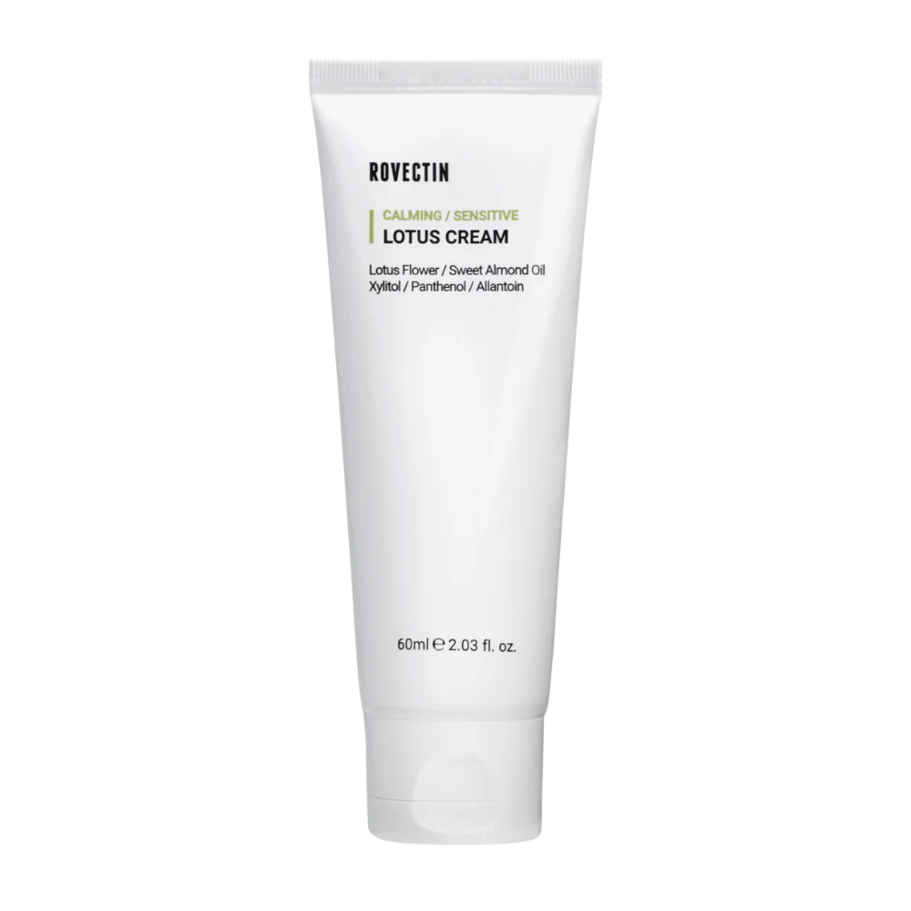 Tube med Rovectin Calming Sensitive Lotus Cream, beroligende krem for sensitiv hud.
