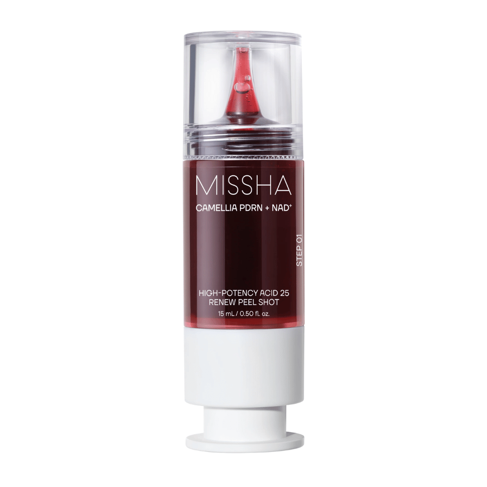 6. MISSHA Camellia PDRN NAD+ High-Potency Acid 25 Renew Peel Shot 15 ml – eksfolierende peeling i rød og hvit emballasje