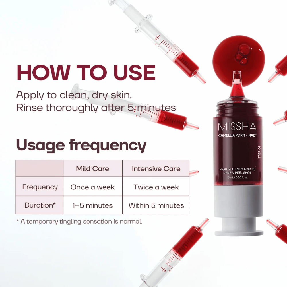 1. MISSHA Camellia PDRN NAD+ High-Potency Acid 25 Renew Peel Shot – bruksanvisning og anbefalt eksfolieringsfrekvens