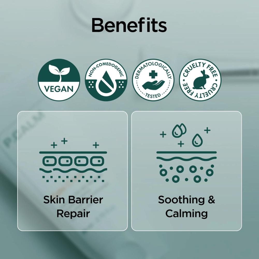 Grafisk oversiktsbilde som fremhever produktets fordeler som vegansk formel, non-comedogenic, dermatologisk testet og cruelty-free. Fokus ligger på reparasjon av hudbarrieren samt beroligende effekt for sensitiv hud.