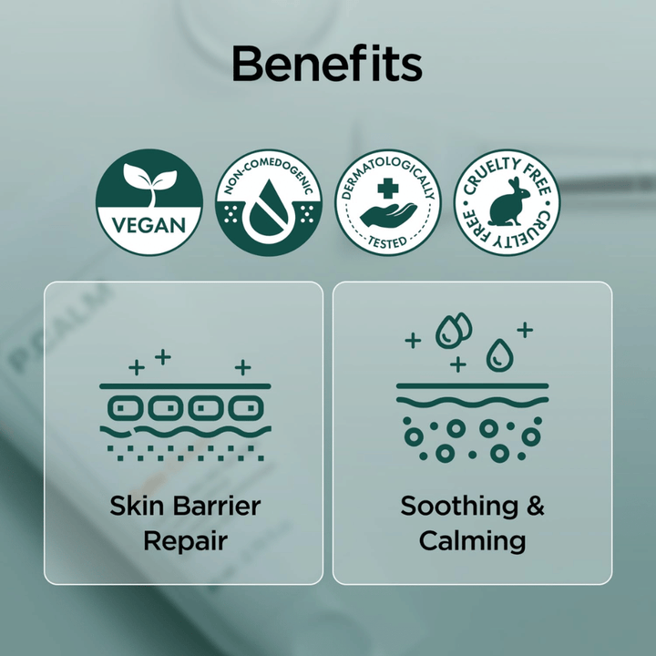Grafisk oversiktsbilde som fremhever produktets fordeler som vegansk formel, non-comedogenic, dermatologisk testet og cruelty-free. Fokus ligger på reparasjon av hudbarrieren samt beroligende effekt for sensitiv hud.