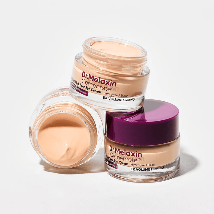 Dr.Melaxin Cemenrete Eye Cream i flere vinkler, koreansk øyekrem mot mørke flekker og fine linjer med volumgivende og oppstrammende effekt.