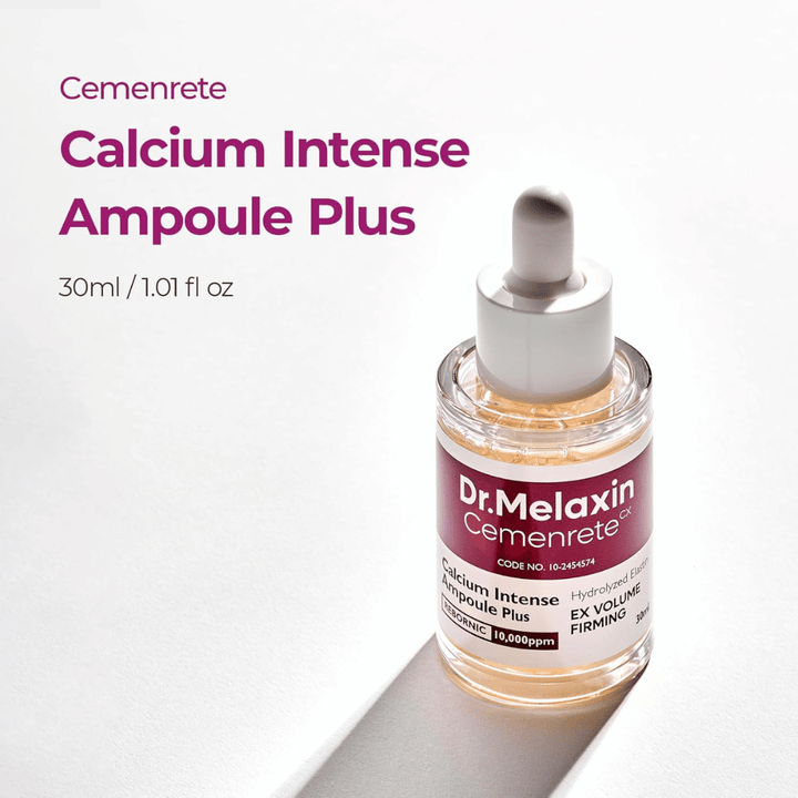 Dr. Melaxin Cemenrete Calcium Intense Ampoule Plus 30 ml, en intensiv ampulle for fasthet og volum med hydrolysert elastin og REBORNIC-kompleks.