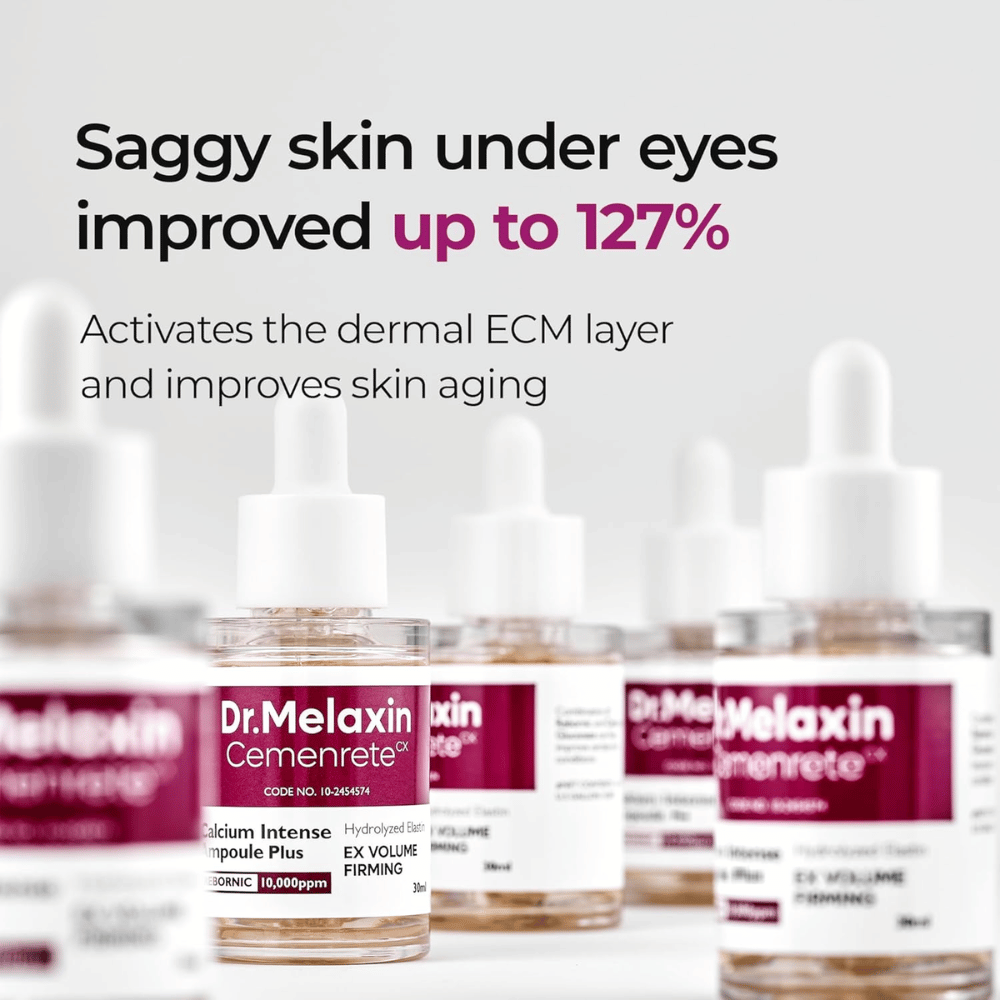 Dr. Melaxin Cemenrete Calcium Intense Ampoule Plus vises med fokus på forbedring av slapp hud under øynene, som aktiverer hudens ECM-lag og støtter anti-aging.