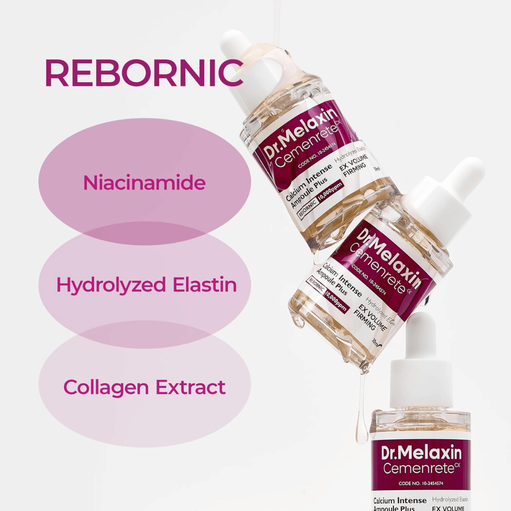 Dr. Melaxin Cemenrete Calcium Intense Ampoule Plus med niacinamid, hydrolysert elastin og kollagenekstrakt, utviklet for fastere hud og forbedret elastisitet.