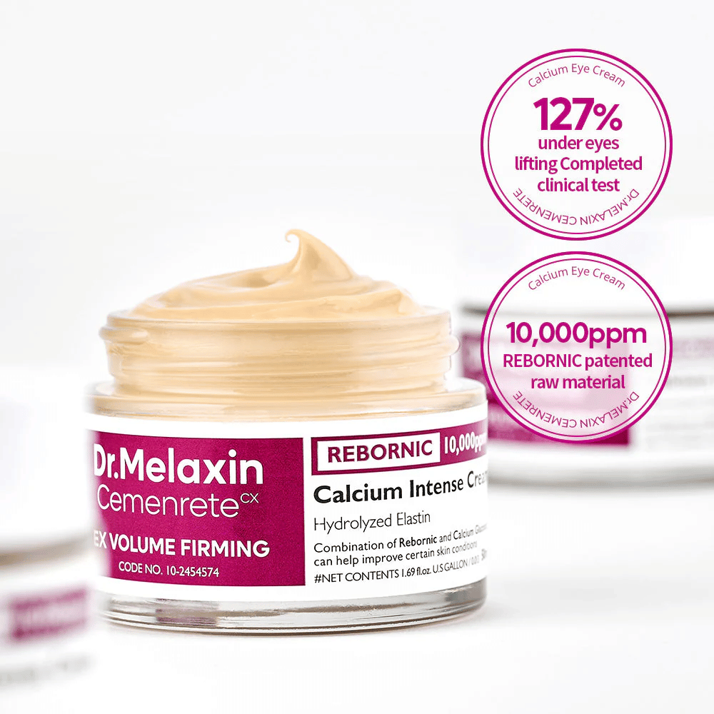 Dr.Melaxin Cemenrete Calcium Intense Cream med kliniske markører, viser 10 000 ppm Rebornic og resultater fra tester for oppstramming og volumgivende effekt.