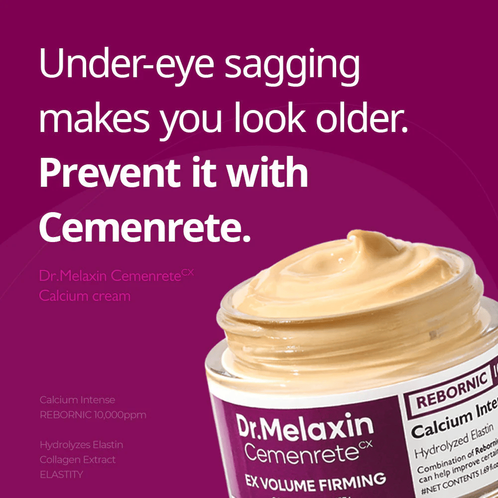 Dr.Melaxin Cemenrete Calcium Intense Cream med tekstbudskap om oppstramming under øynene, illustrerer kremens fokus på fasthet, volum og forebygging av slapp hud.