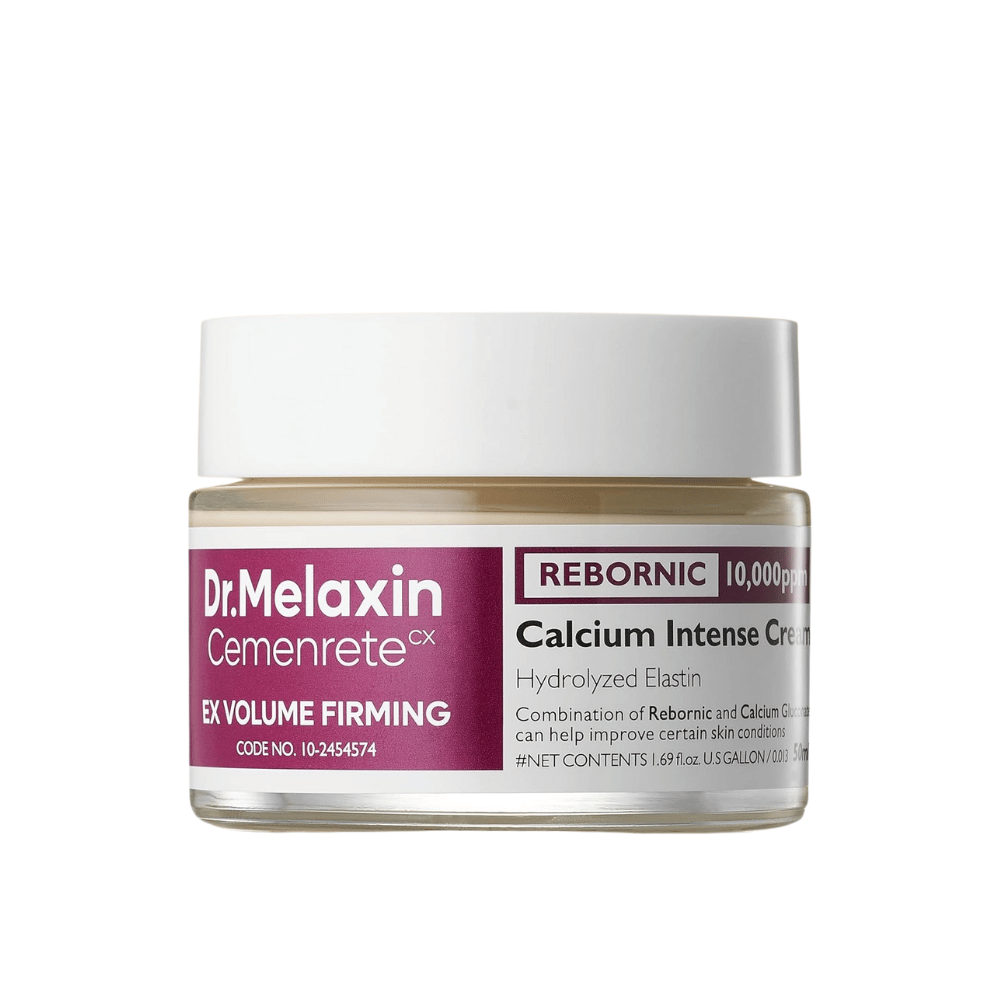 Dr.Melaxin Cemenrete Calcium Intense Cream i krukke mot hvit bakgrunn, ansiktskrem med kalsium, Rebornic og hydrolysert elastin for fastere og fyldigere hud.
