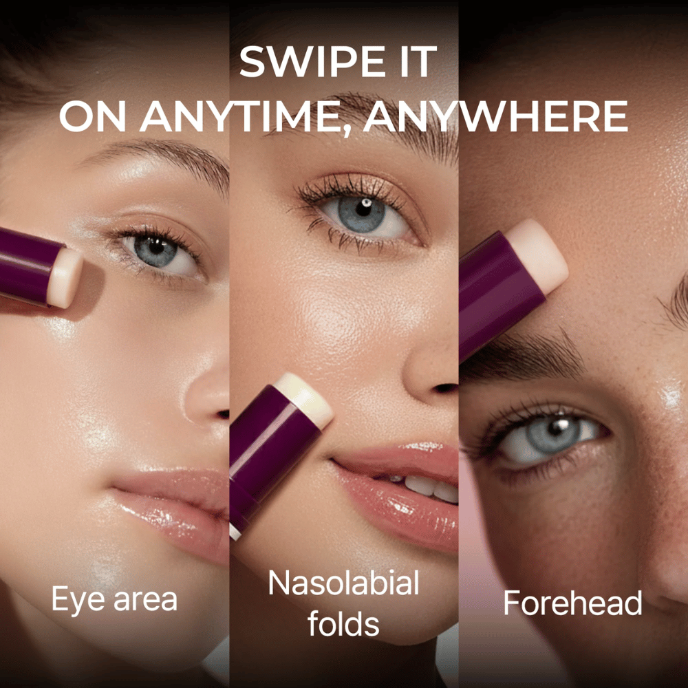 Dr. Melaxin Calcium Volume Multi Balm påføres på øyeområdet, nasolabialfolden og pannen for oppstrammende og volumgivende effekt.