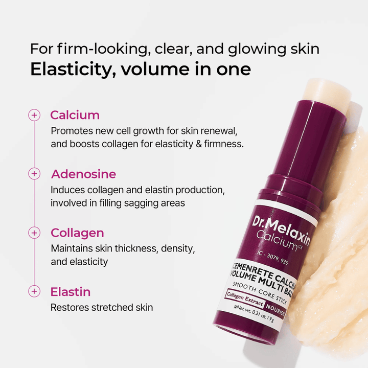 Dr. Melaxin Cemenrete Calcium Volume Multi Balm med kalsium, adenosin, kollagen og elastin for økt elastisitet, fastere hud og forbedret hudstruktur.
